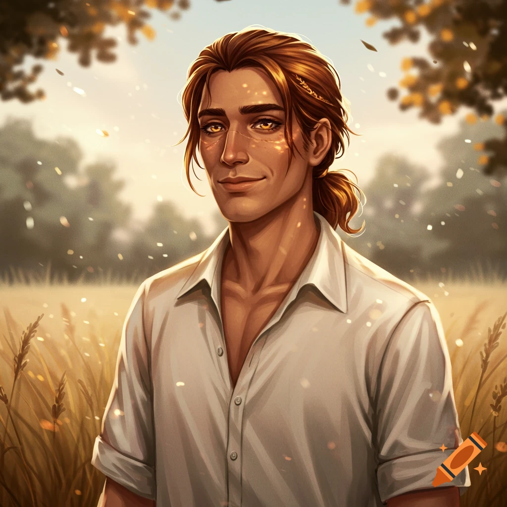 A handsome man with glowing amber eyes and chestnut hair, wearing a white shirt, smiles gently in a sunny wheat field. Digital art portrait.