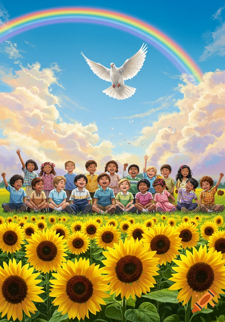 A diverse group of happy children sit in a field of sunflowers under a bright sky with a rainbow and a flying white dove.