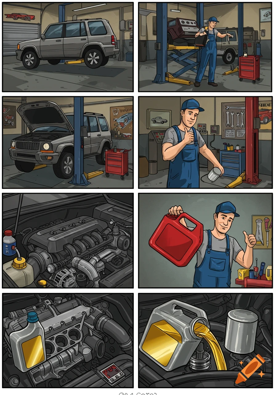 A 6-panel comic showing a mechanic performing an oil change on a car in a garage, in a cartoon style.