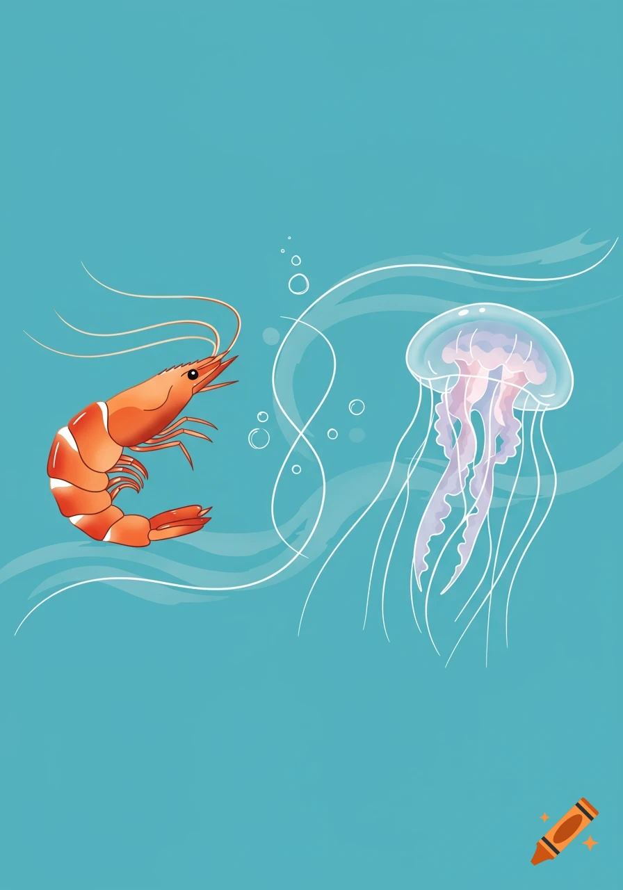 A minimalist illustration of a red shrimp on the left and a pink jellyfish on the right, floating in a blue ocean with white wave lines and bubbles.