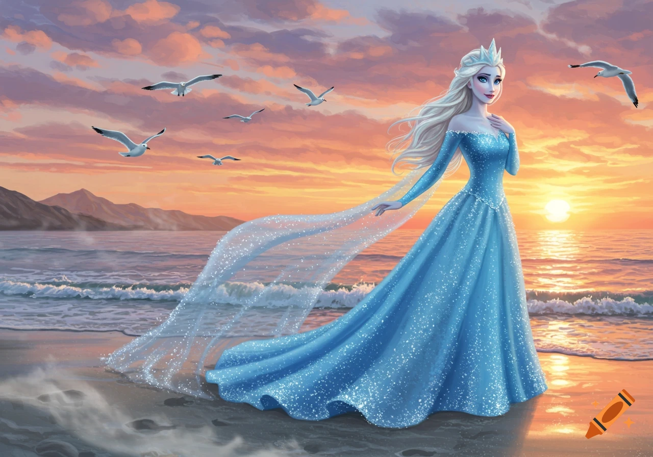Elsa in a sparkling blue dress stands on a beach with a long, flowing cape, against a vibrant sunset and seagulls flying.