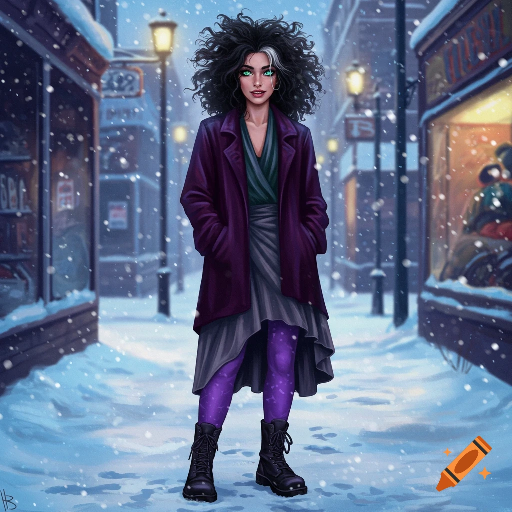 A woman with wild dark curly hair with a white streak, wearing a purple jacket, grey skirt, purple tights, and combat boots on a snowy street.
