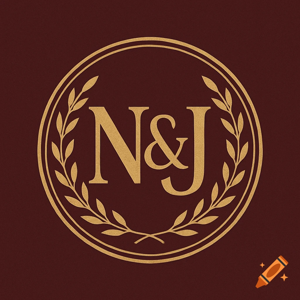 A classic gold 'N&J' monogram logo encircled by a laurel wreath on a deep red background.