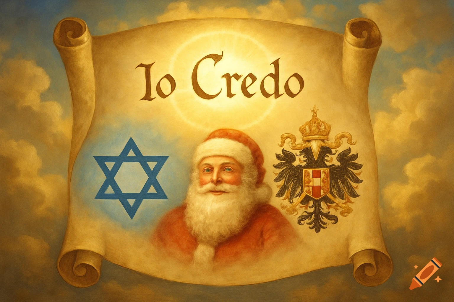 A painterly scroll against golden clouds reads 'Io Credo' above a Star of David, Santa, and an Austro-Hungarian emblem.