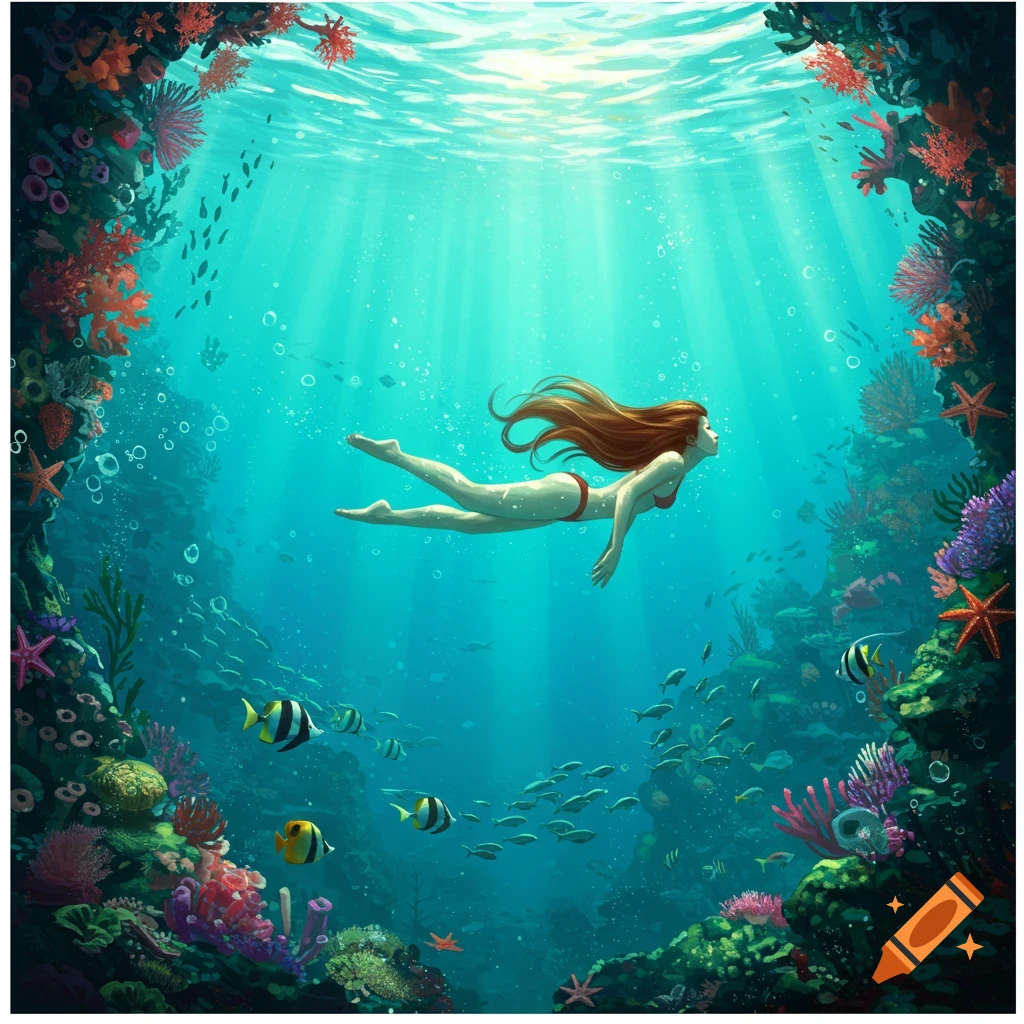 A stylized illustration of a woman with long red hair in a red bikini swimming gracefully in a vibrant coral reef, surrounded by colorful fish and sunbeams filtering through the water.
