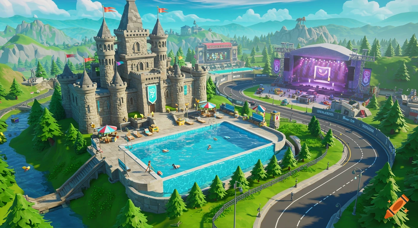 An aerial view of a vibrant cartoon-style resort with a large castle, a swimming pool, a race track, and a music stage surrounded by green mountains and pine trees under a clear sky.