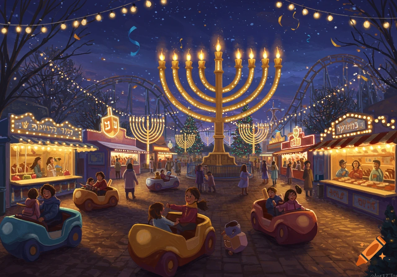 A festive Chanukah-themed amusement park at night, with a giant menorah, stalls, string lights, and children in ride cars under a starry sky.