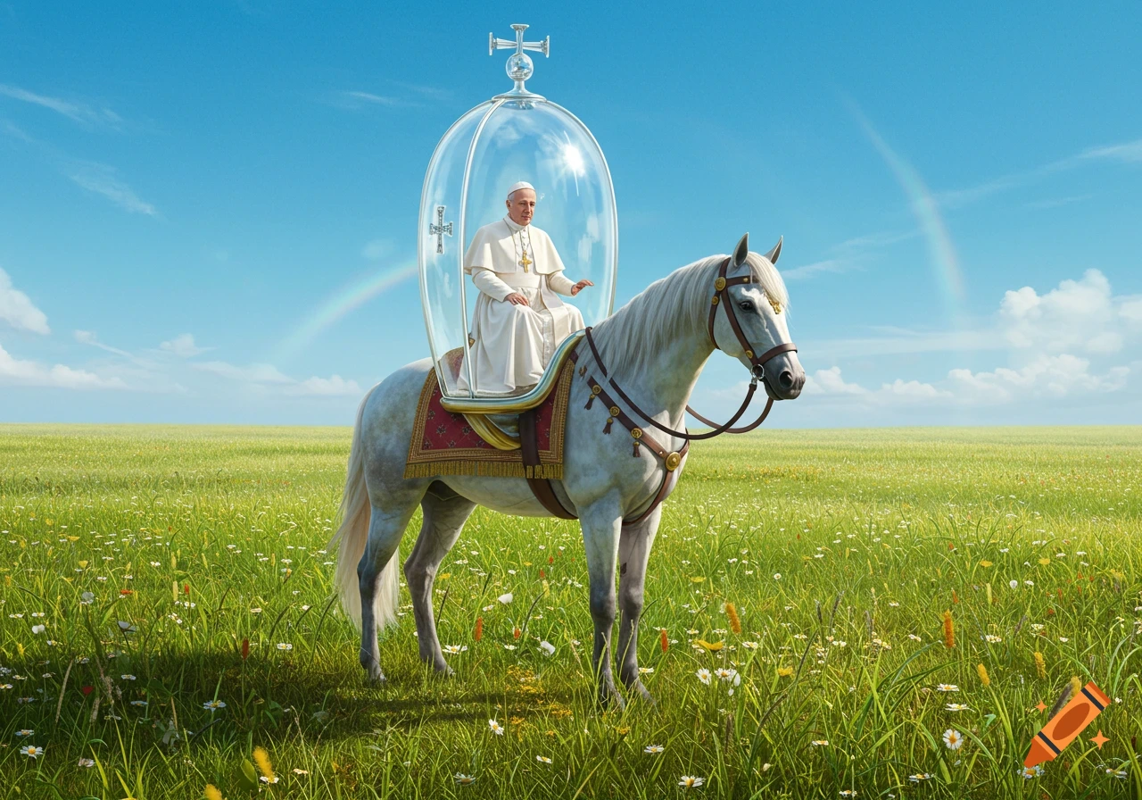 Photorealistic image of the Pope in a glass bubble, riding a white horse through a green meadow under a blue sky with a rainbow.