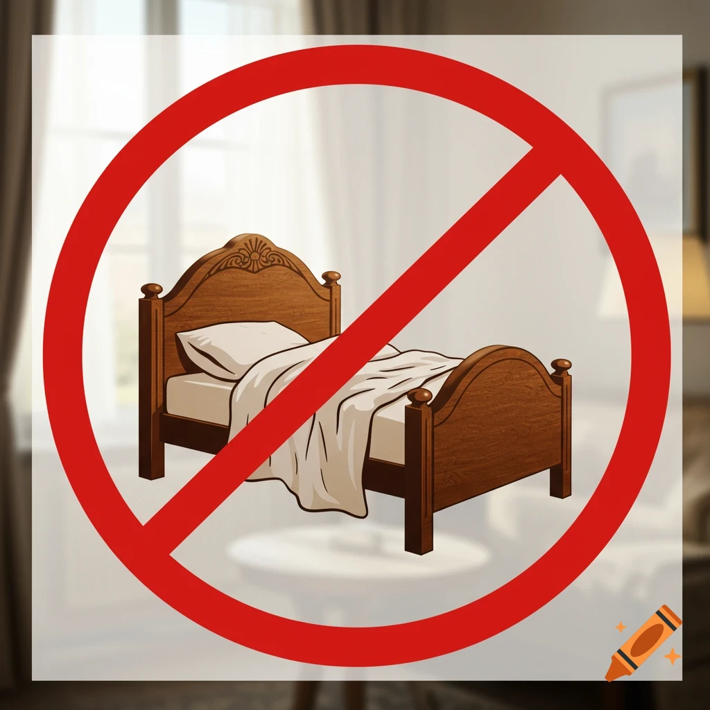 An illustration of a wooden bed with white bedding, covered by a large red 'no' symbol.