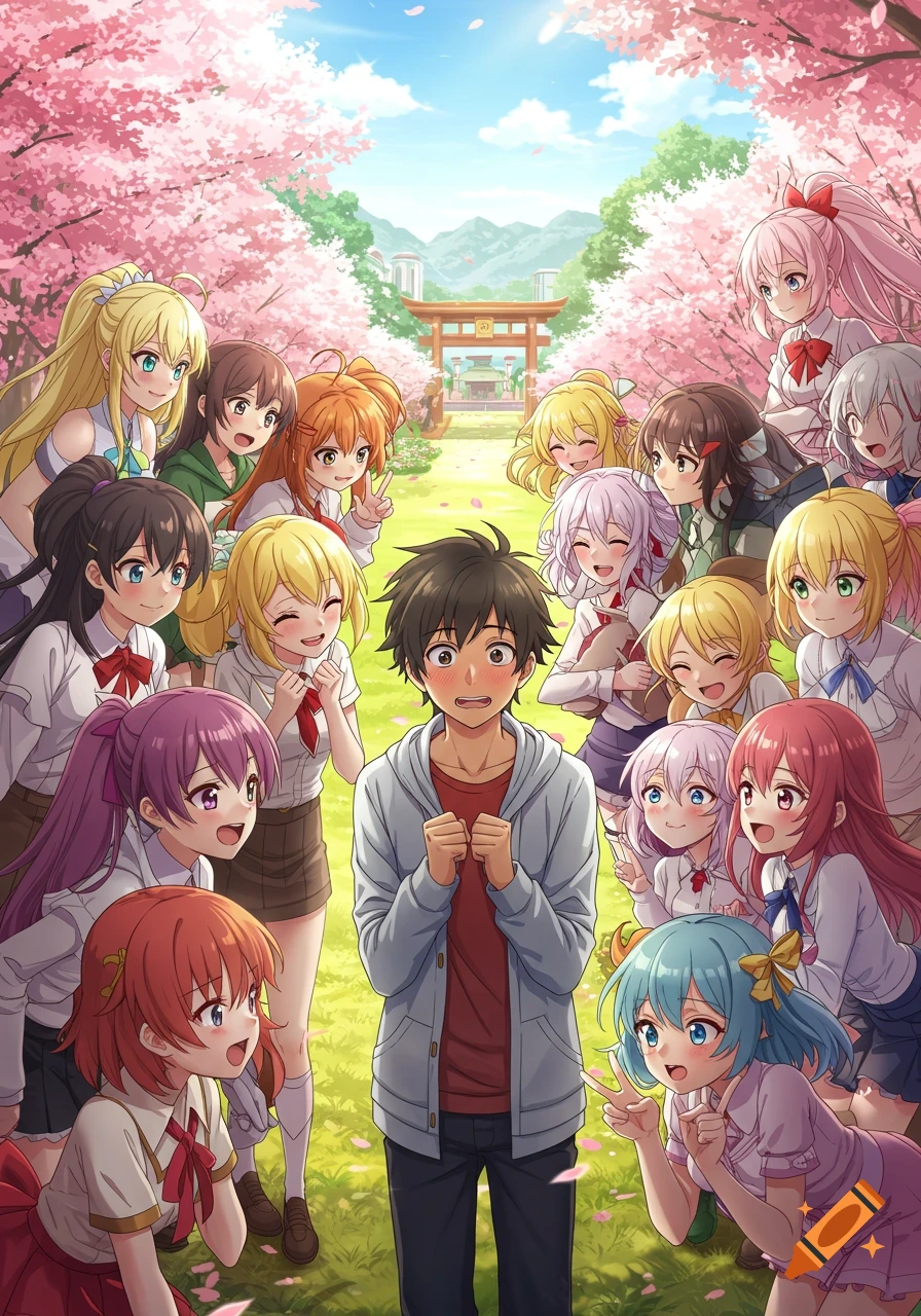A shy young man surrounded by many enthusiastic anime schoolgirls under blooming cherry blossom trees, with a shrine in the background.