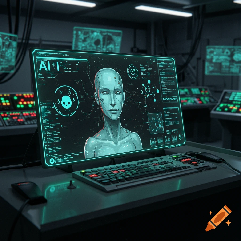 A glowing futuristic monitor displays an AI's bust surrounded by data, code, and a skull icon, in a dark control room.