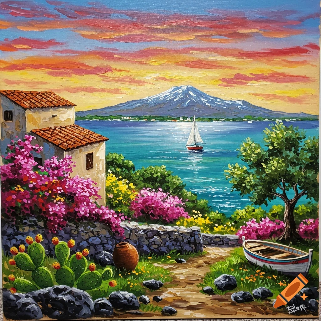 Colorful Mediterranean landscape painting with a rustic house, vibrant flowers, a sailboat on blue water, and Mount Etna under a sunset sky.
