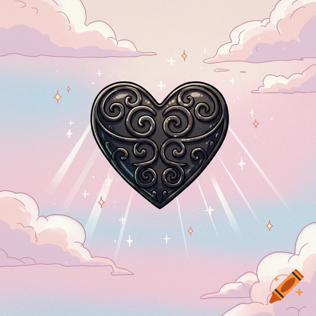 A stylized black heart with swirling patterns floats in a pink and blue sky with white clouds and sparkling light rays, comic style.