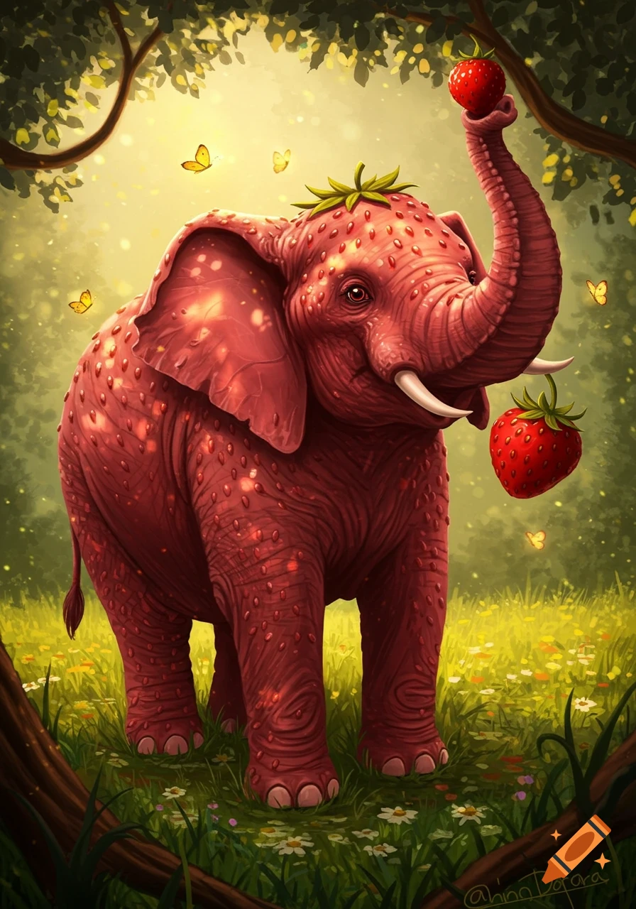 A red elephant covered in strawberry seeds with a leafy cap holds a strawberry with its trunk in a sunlit forest with butterflies.