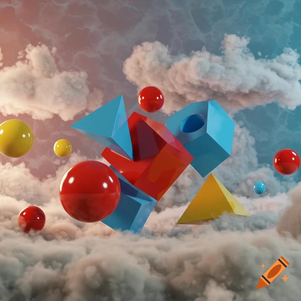 A vibrant 3D render of primary colored geometric shapes and spheres floating among fluffy clouds in a pastel sky.