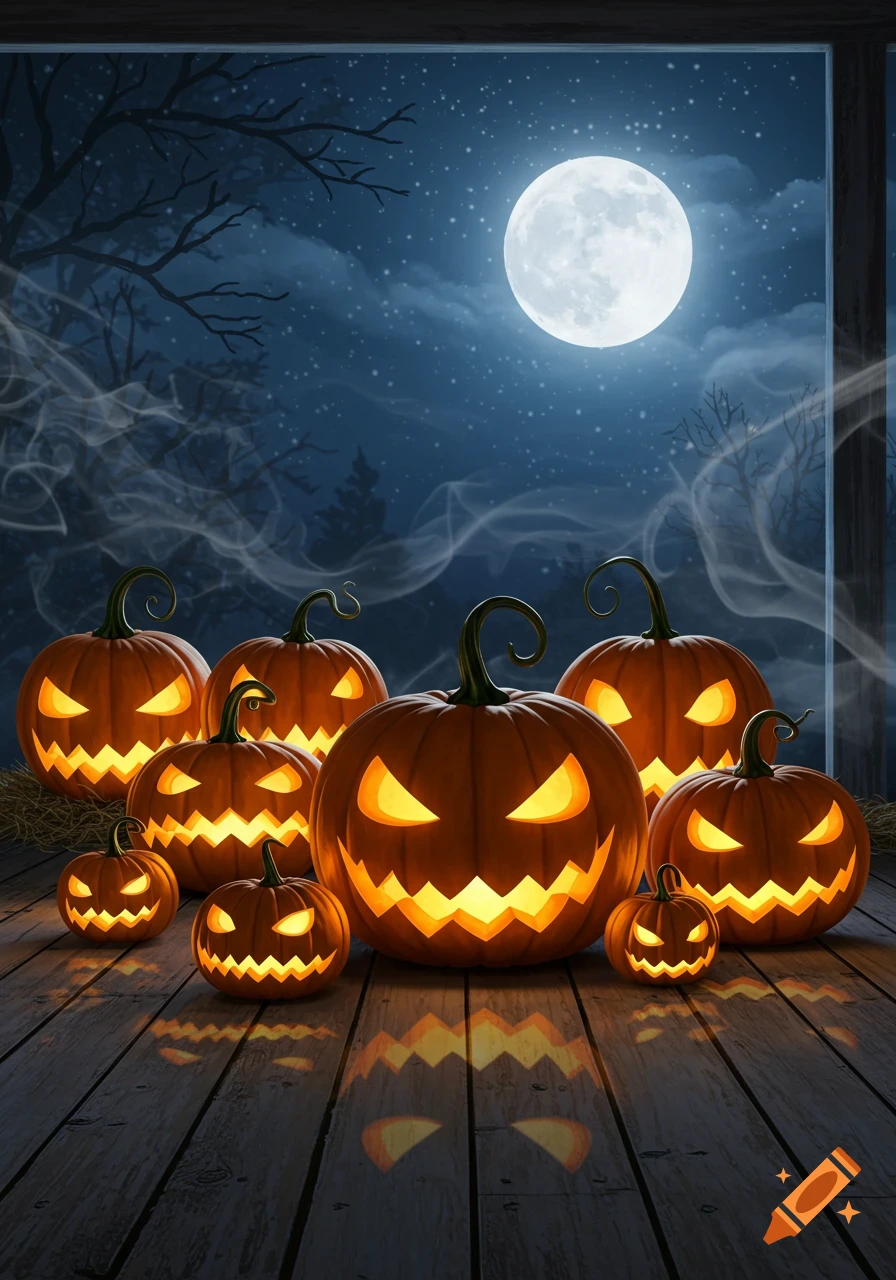 A collection of glowing jack-o'-lanterns on a wooden porch at night under a full moon, surrounded by wisps of smoke.
