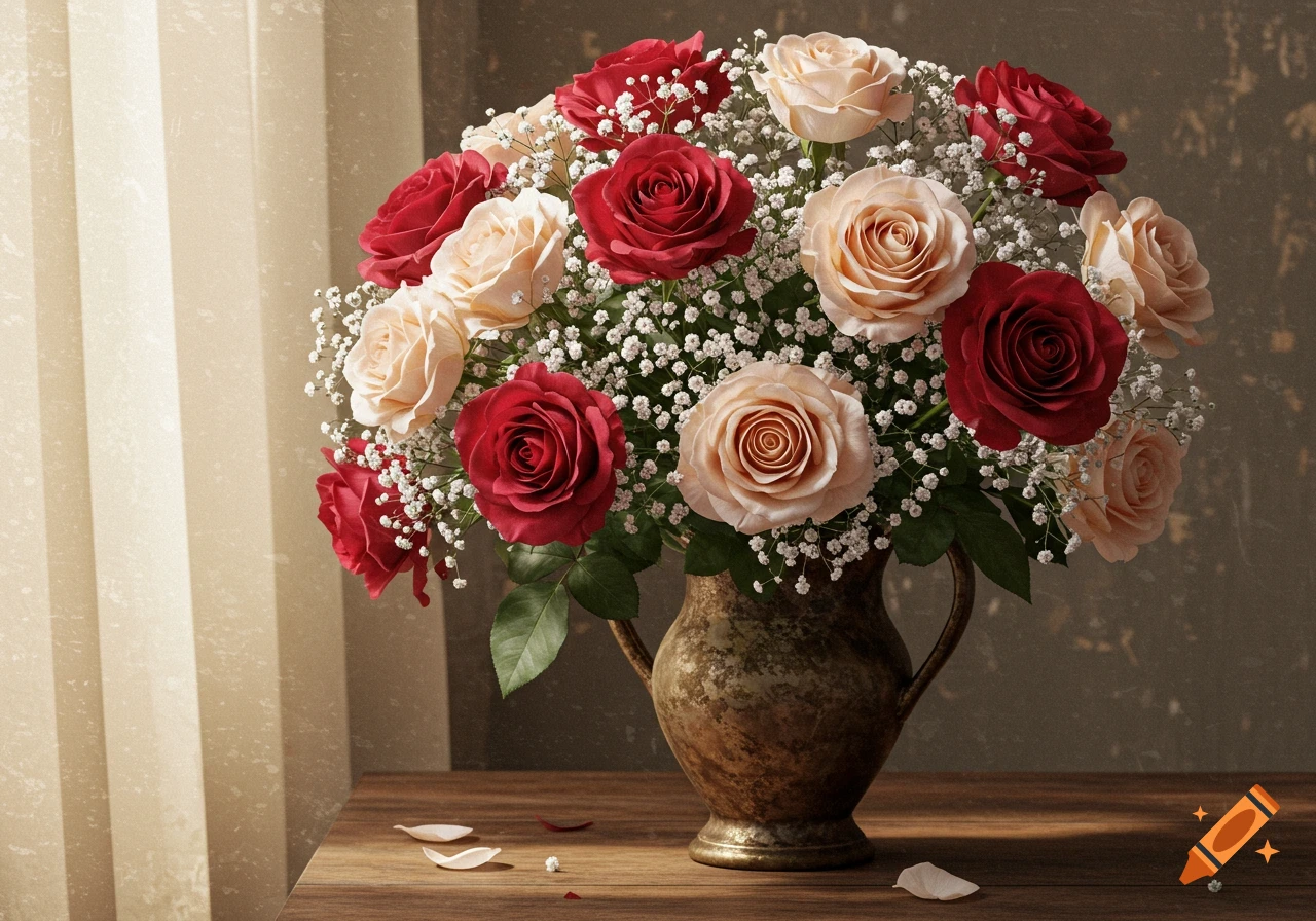 A vibrant bouquet of red and light pink roses, mixed with delicate baby's breath, arranged in an antique brass vase on a wooden table.