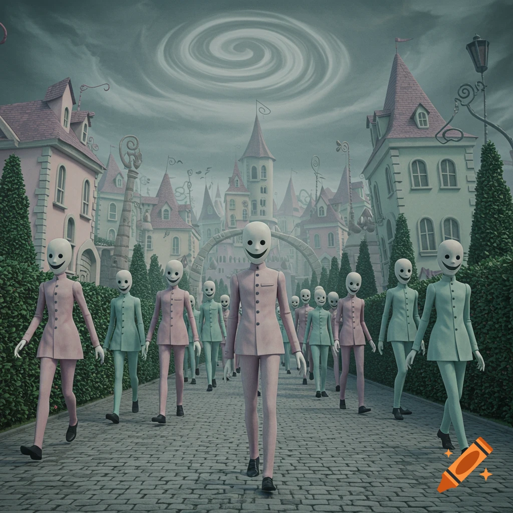 A surreal, pastel-gothic scene with a crowd of tall, thin figures with smiling masks walking on a cobblestone path through a town of cubic pastel houses under a swirling grey sky.