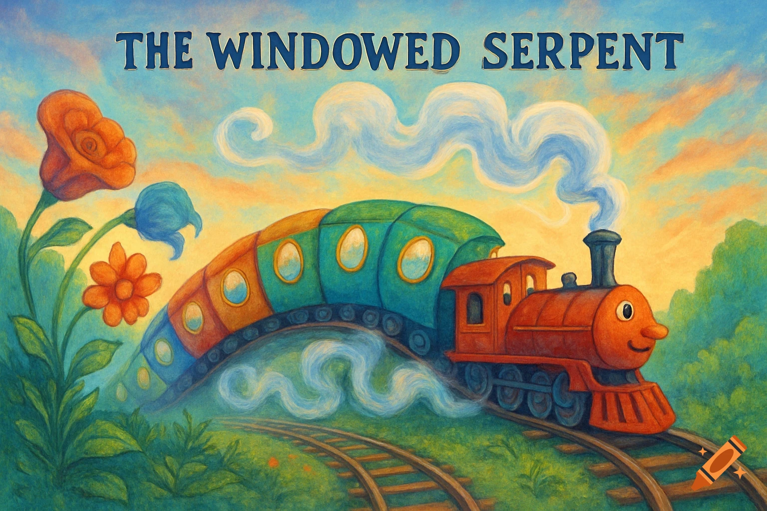 A whimsical, painterly illustration of a smiling, red train with multi-colored cars, like a caterpillar, moving on tracks through a vibrant green landscape with large, colorful flowers under a cloudy sky. The title "THE WINDOWED SERPENT" is at the top.