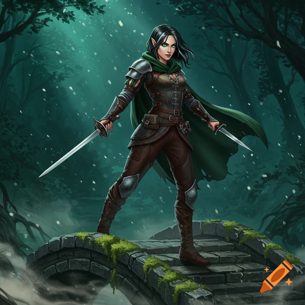 A female fantasy elf rogue with dark hair and green eyes stands on a mossy bridge in a misty forest, holding a rapier and a dagger.