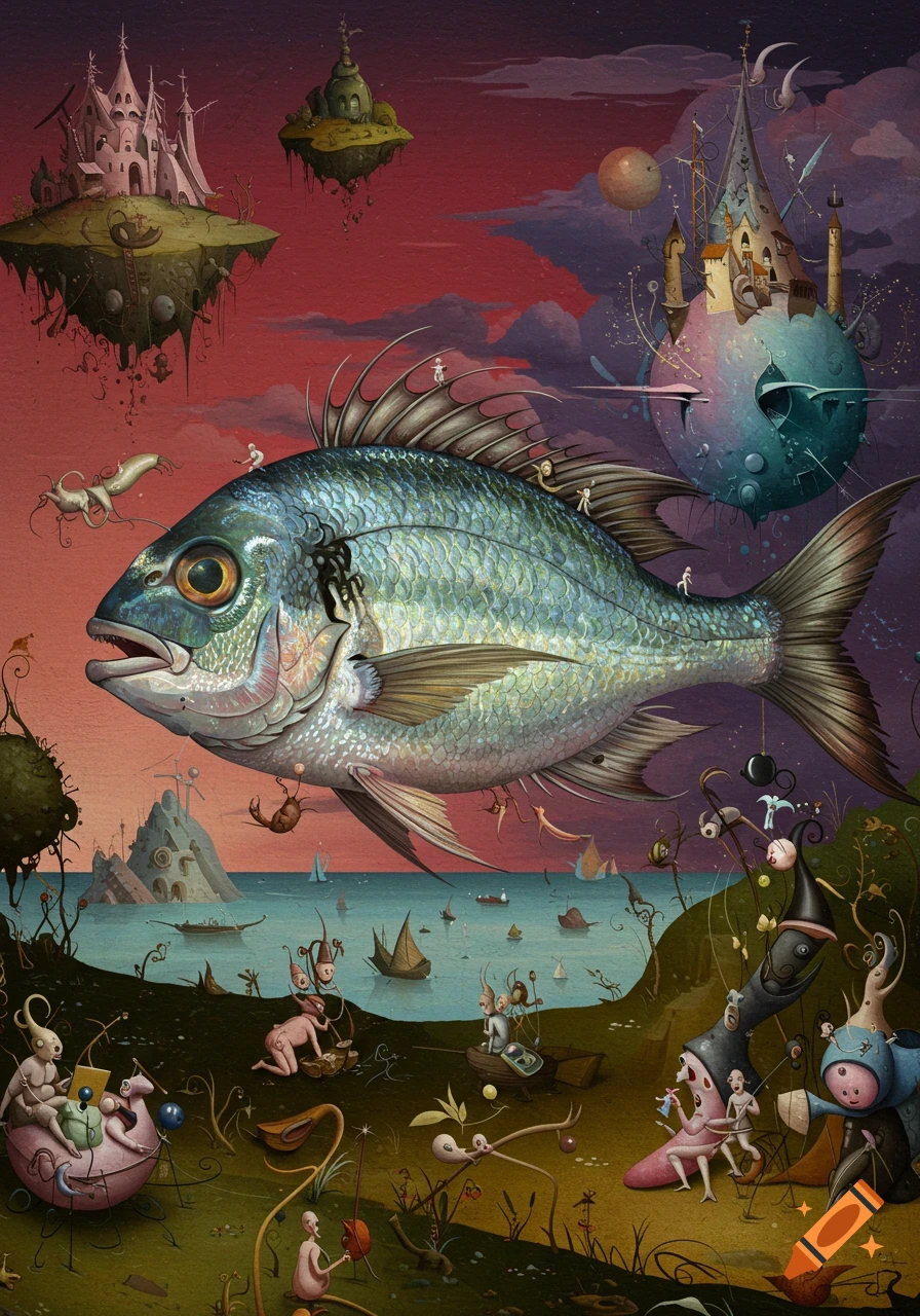 A large, flying fish dominates a surreal Hieronymus Bosch-style painting with tiny figures, strange creatures, and floating islands.