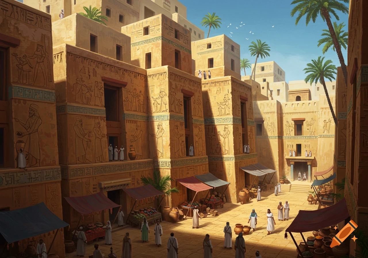 An ancient Sumerian city with multi-tiered buildings, marketplaces, and people in traditional attire under a blue sky.