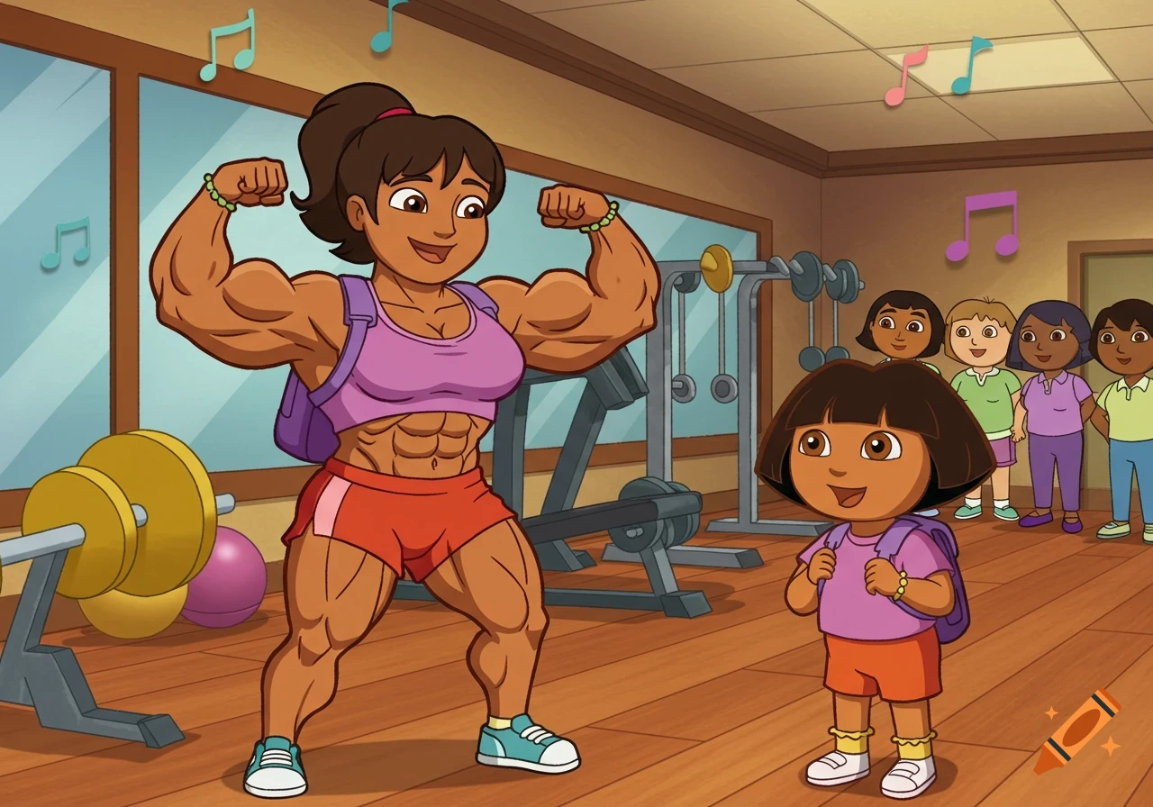Cartoon Dora the Explorer and her muscular aunt flexing in a gym, with other children watching.