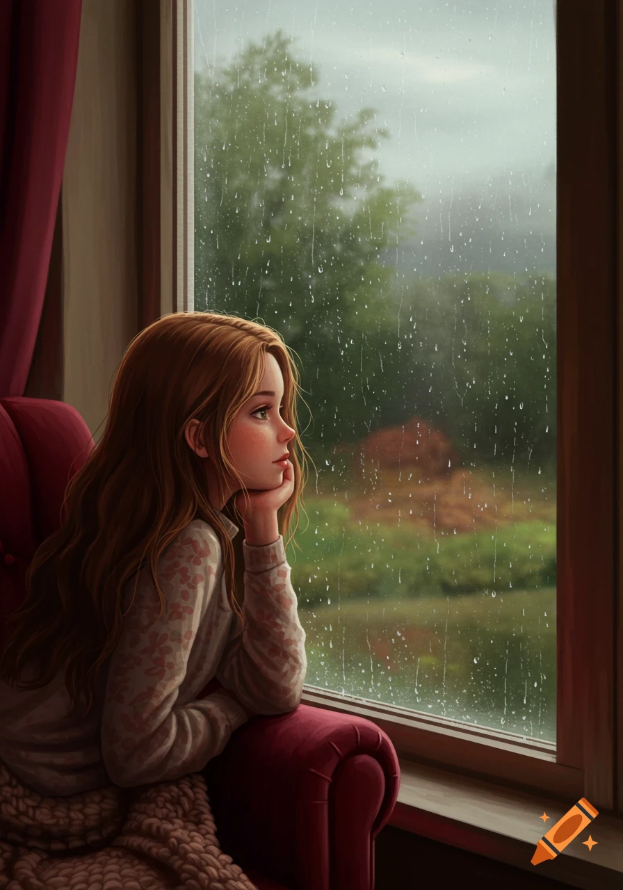 An illustration of a young girl with long brown hair sitting in a red armchair, looking out a window at a rainy green landscape.
