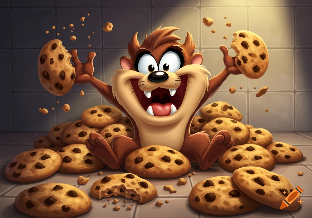 Cartoon Baby Taz excitedly sits in a large pile of chocolate chip cookies, holding one in each hand, crumbs flying.