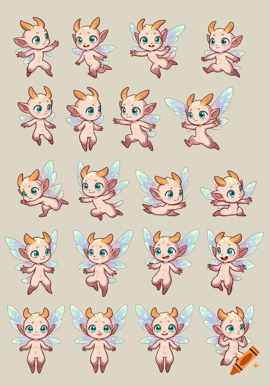 A grid of cute, cartoon fantasy creatures with light pink skin, blue eyes, small horns, and iridescent wings, depicted in various poses.