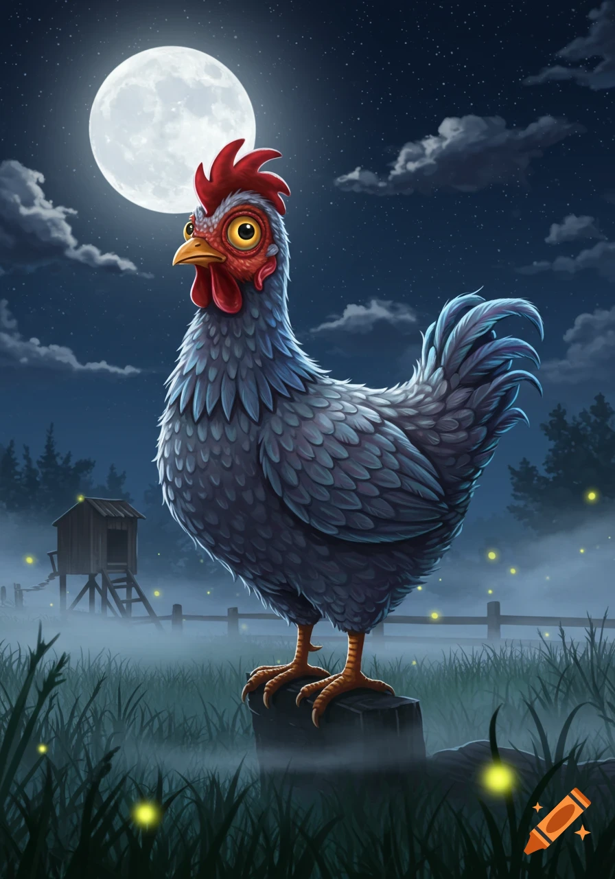 A stylized chicken stands on a stump under a full moon on a foggy night with fireflies and a distant chicken coop.