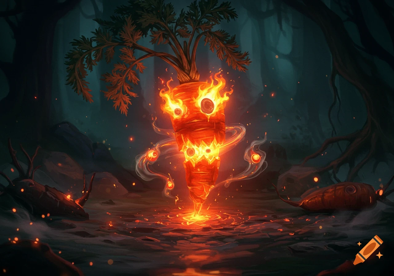 A menacing, fiery carrot monster with glowing eyes and mouth, surrounded by flames and smoke, in a dark, eerie forest.