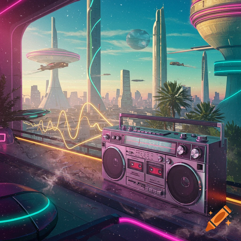 A retro-futuristic boombox sits on a balcony overlooking a neon-lit sci-fi cityscape with tall buildings and flying vehicles.