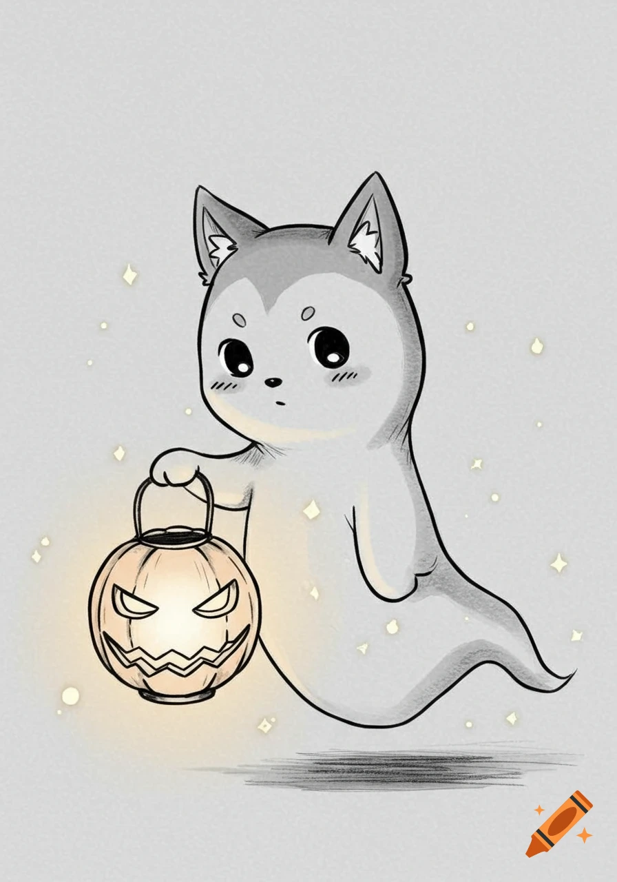 Cute grayscale illustration of a wolf-eared ghost holding a glowing jack-o'-lantern.