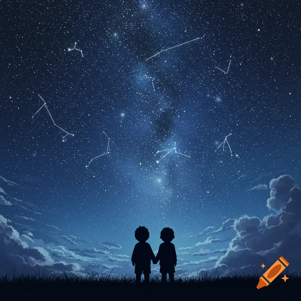 Silhouetted children on a grassy hill gaze at a vibrant, starry night sky with constellations and clouds in an illustrative style.