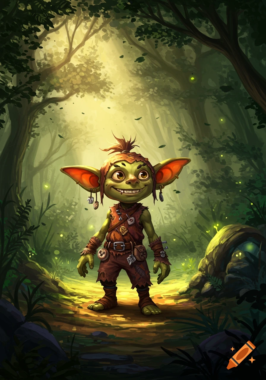 A cute, smiling goblin with big ears and tattered clothes stands in a sunny, mystical forest.