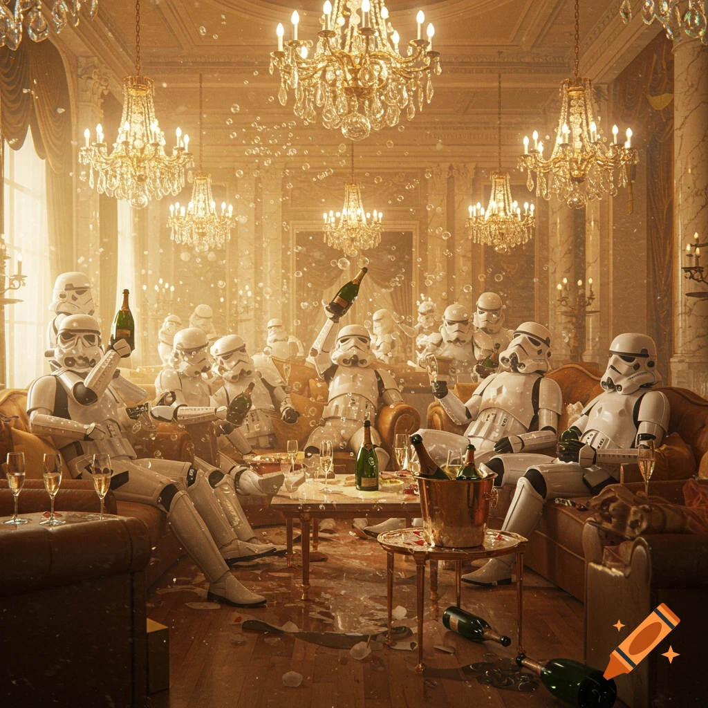 Stormtroopers celebrate a party in a luxurious golden room with chandeliers, champagne flowing and bubbles everywhere.