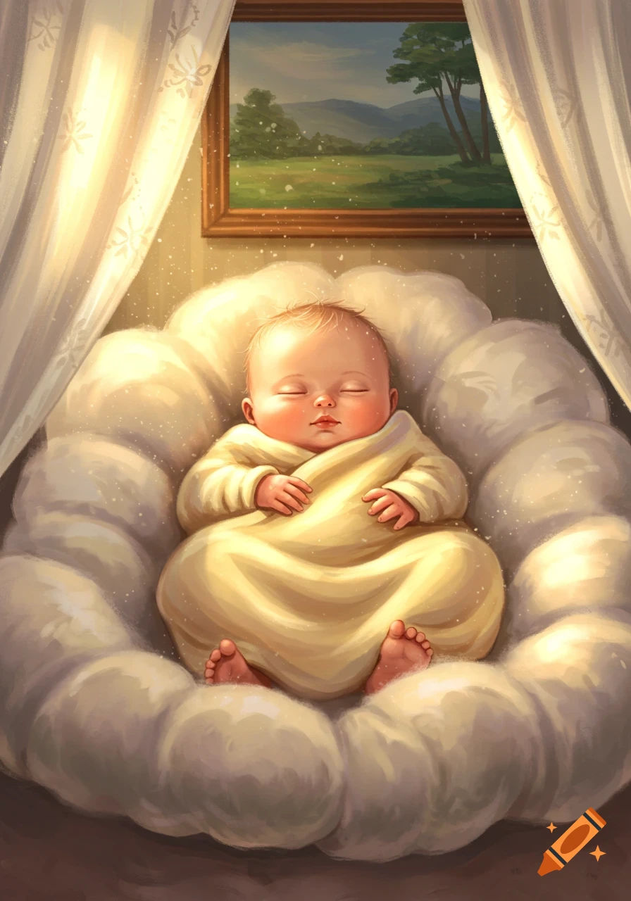 A sleeping baby swaddled in a cream blanket lies in a cloud-like crib under a sunlit canopy, with a landscape painting above.
