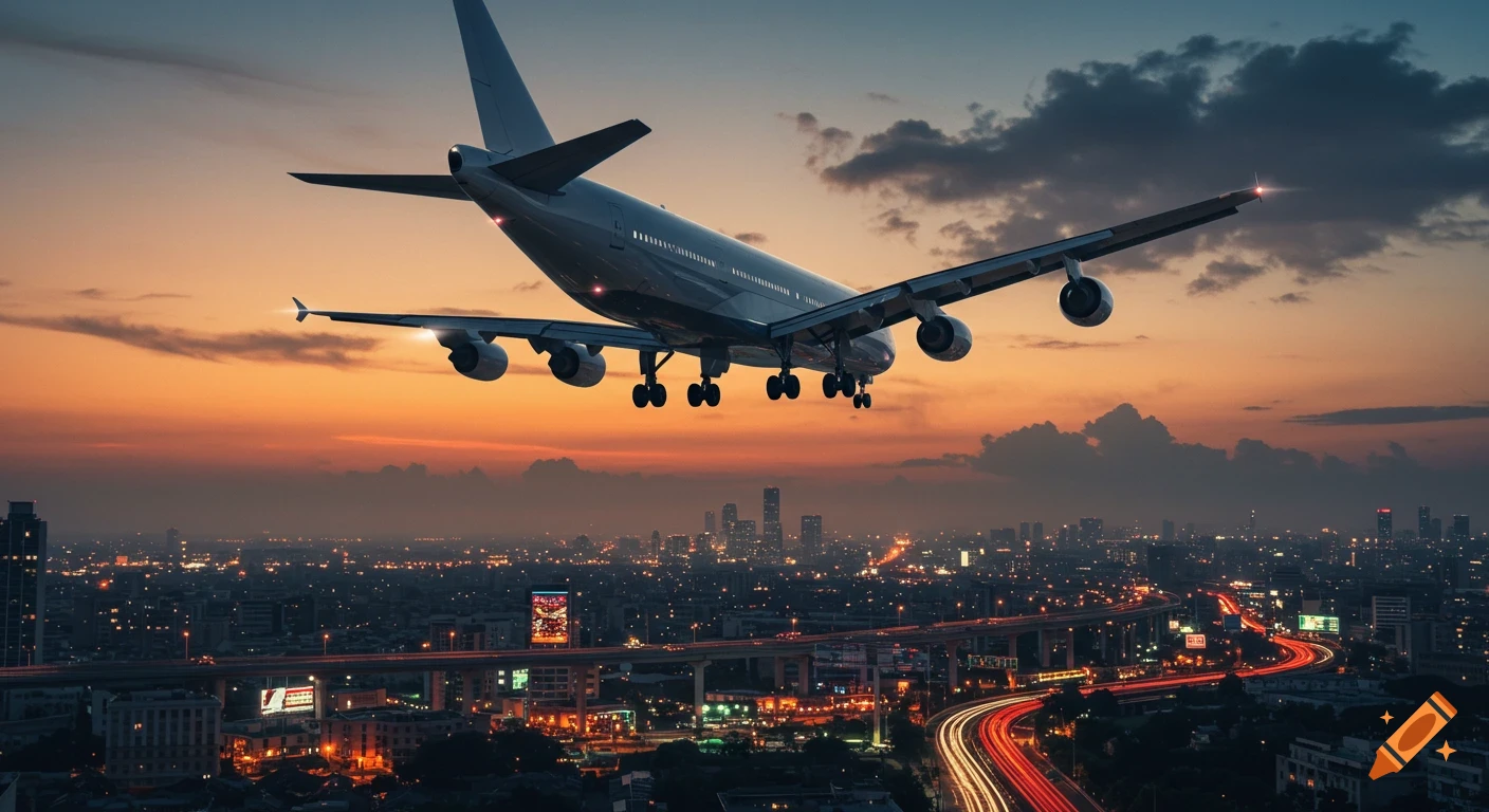 A photorealistic image of a passenger airplane descending over a brightly lit city at sunset with a long exposure effect on car lights.