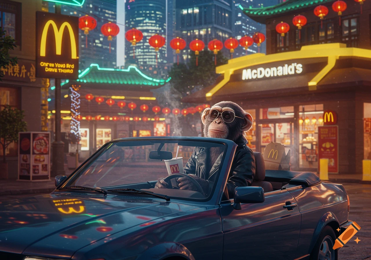 A photorealistic monkey in sunglasses and a leather jacket drives a blue convertible past a McDonald's in a vibrant city at night.