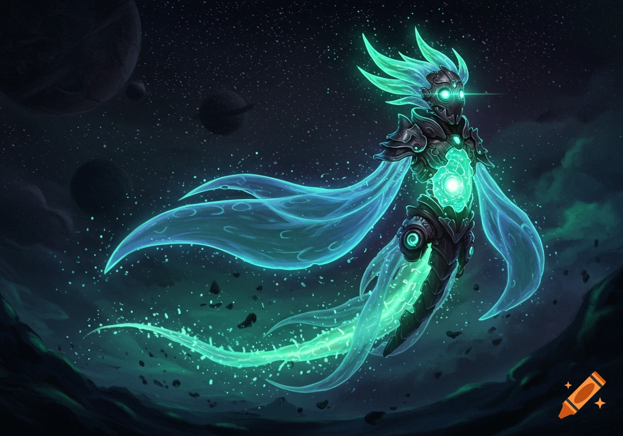 A glowing teal and green mechanical monster with flowing plasma energy and armor, floating in a dark starry space with planets and asteroids.