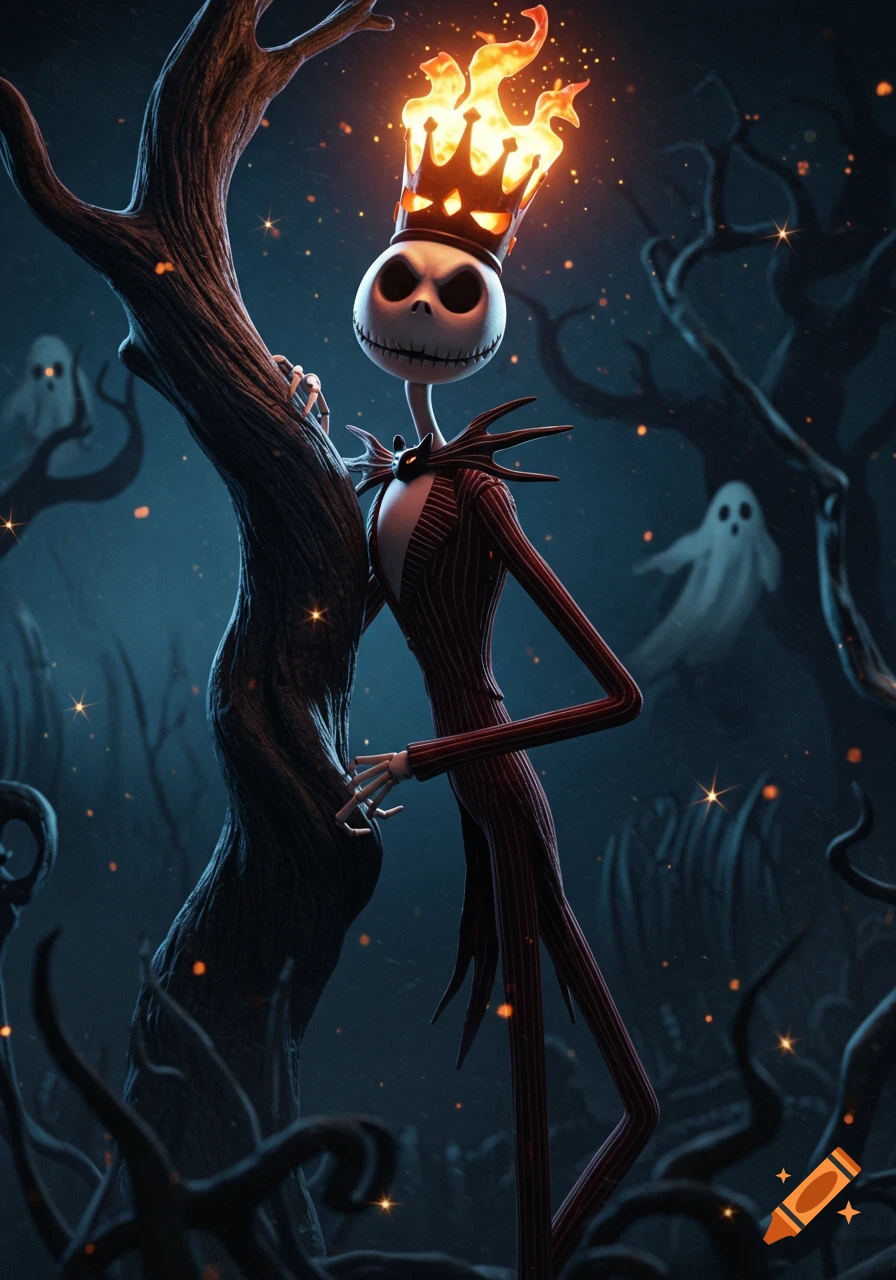 Jack Skellington in a fiery crown and pinstripe suit leans against a tree in a dark, sparkling Halloween forest with ghosts.
