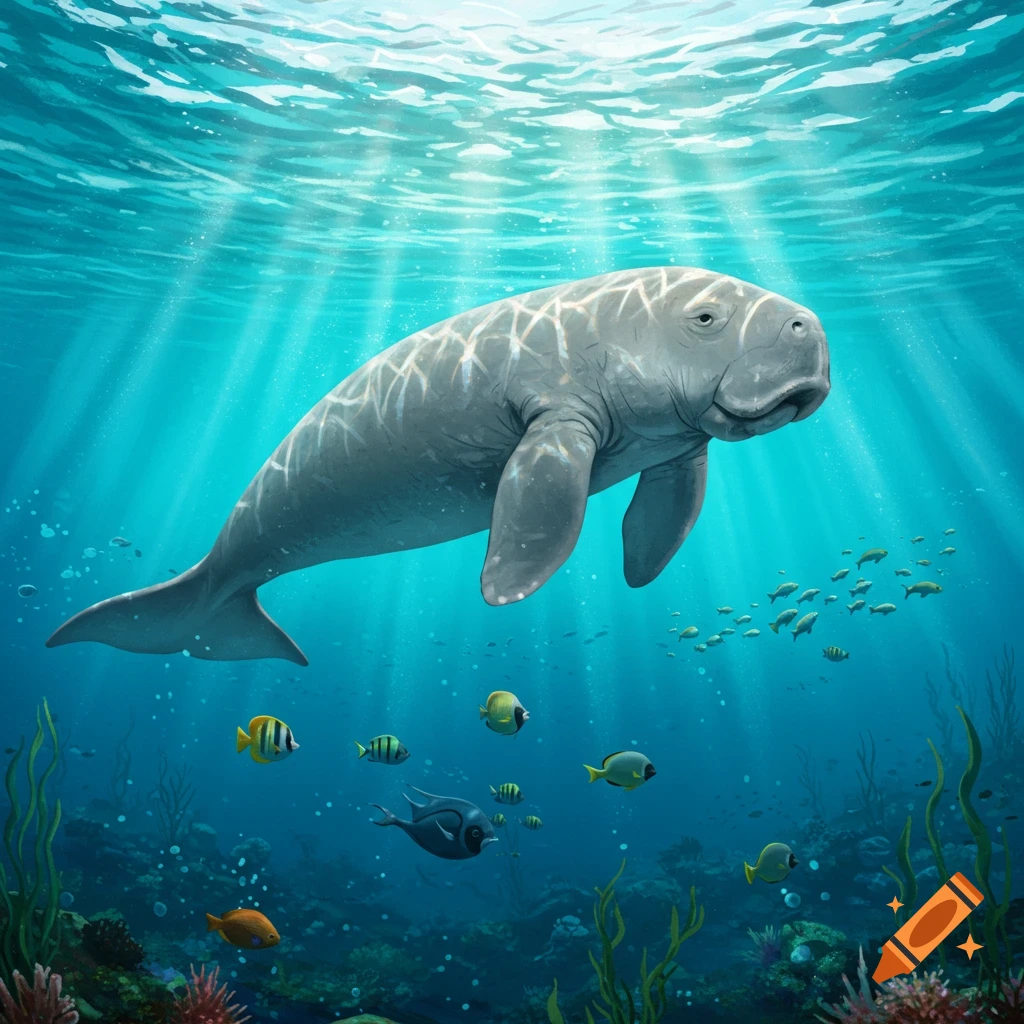 A dugong swims gracefully in clear blue ocean water, with sun rays piercing through, above a vibrant coral reef filled with small fish.