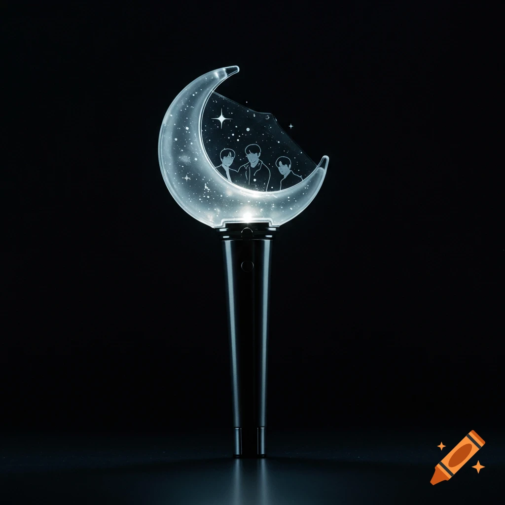 A glowing K-pop lightstick with a matte black handle and a clear crescent moon containing three outlined figures and stars, on a dark reflective surface.