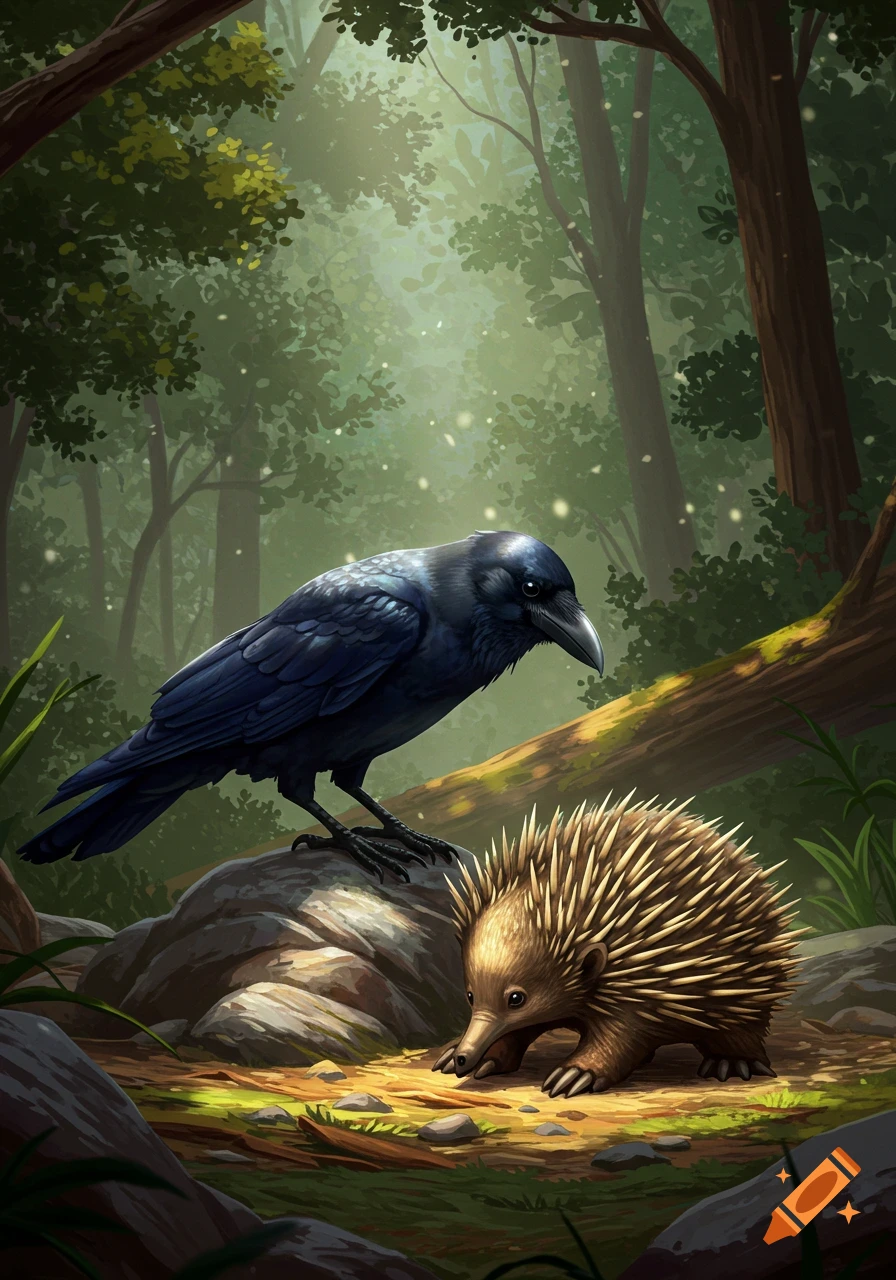 A black crow perches on a rock, observing a spiky echidna on the forest floor, bathed in dappled sunlight, illustration.