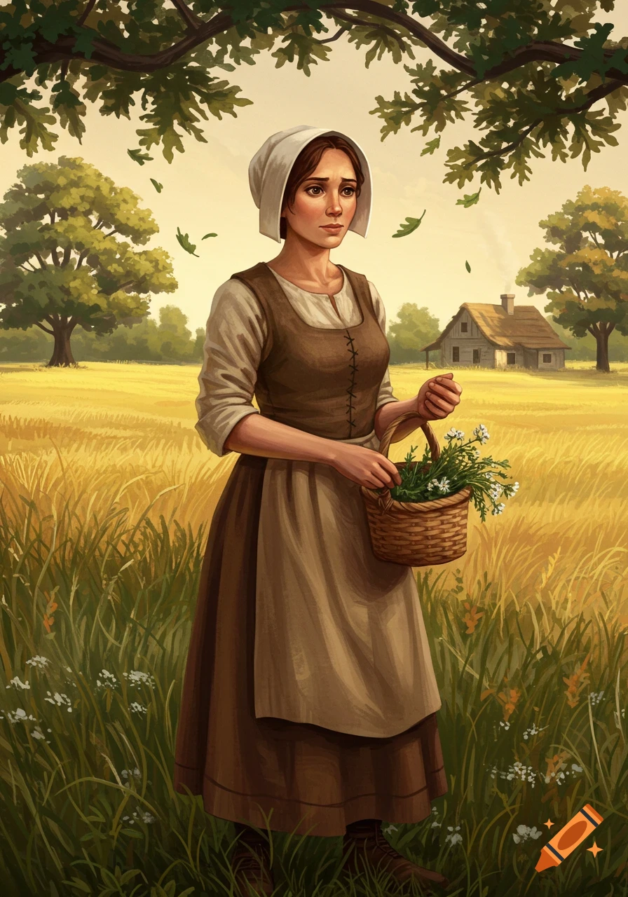 An illustration of a woman in pilgrim clothing holding a basket of flowers in a golden field, with falling leaves and a distant cottage.
