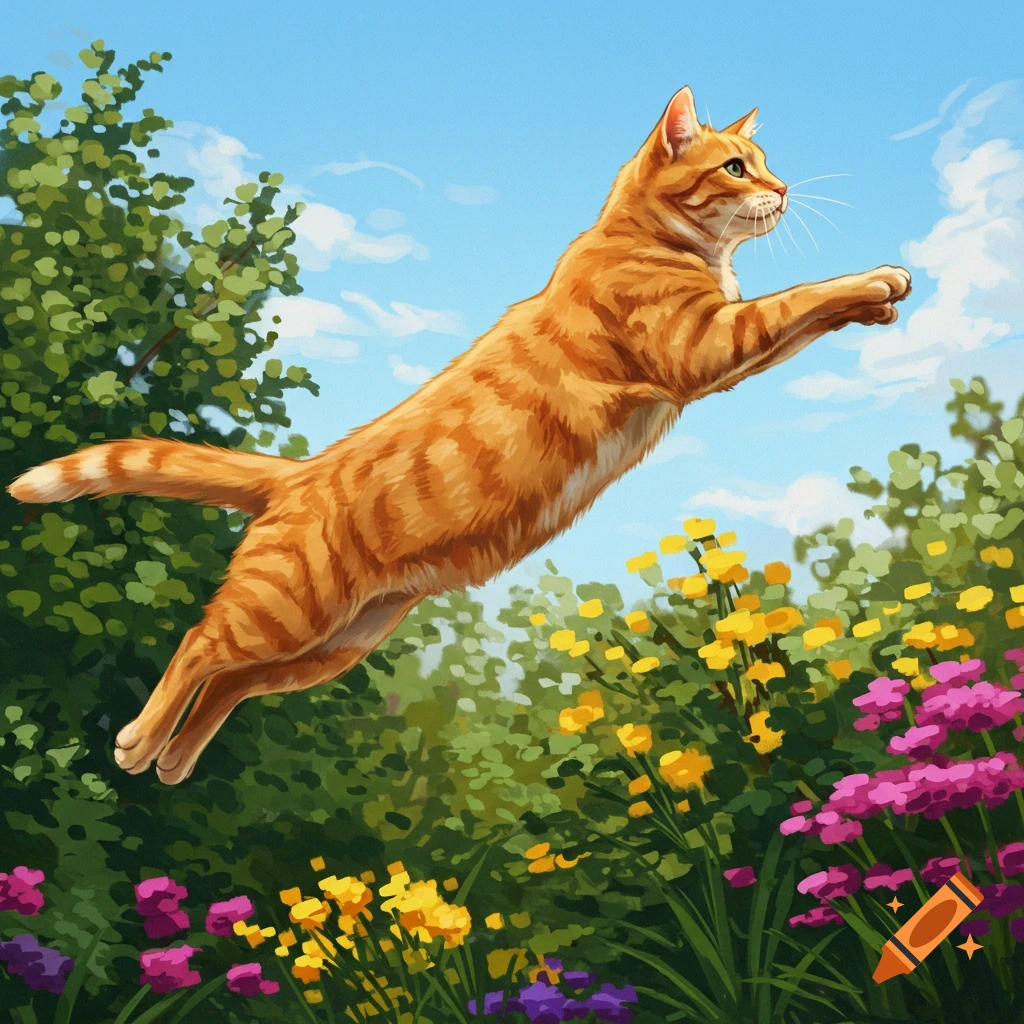 An orange tabby cat leaps through a vibrant garden filled with green foliage and colorful yellow and pink flowers under a blue sky.