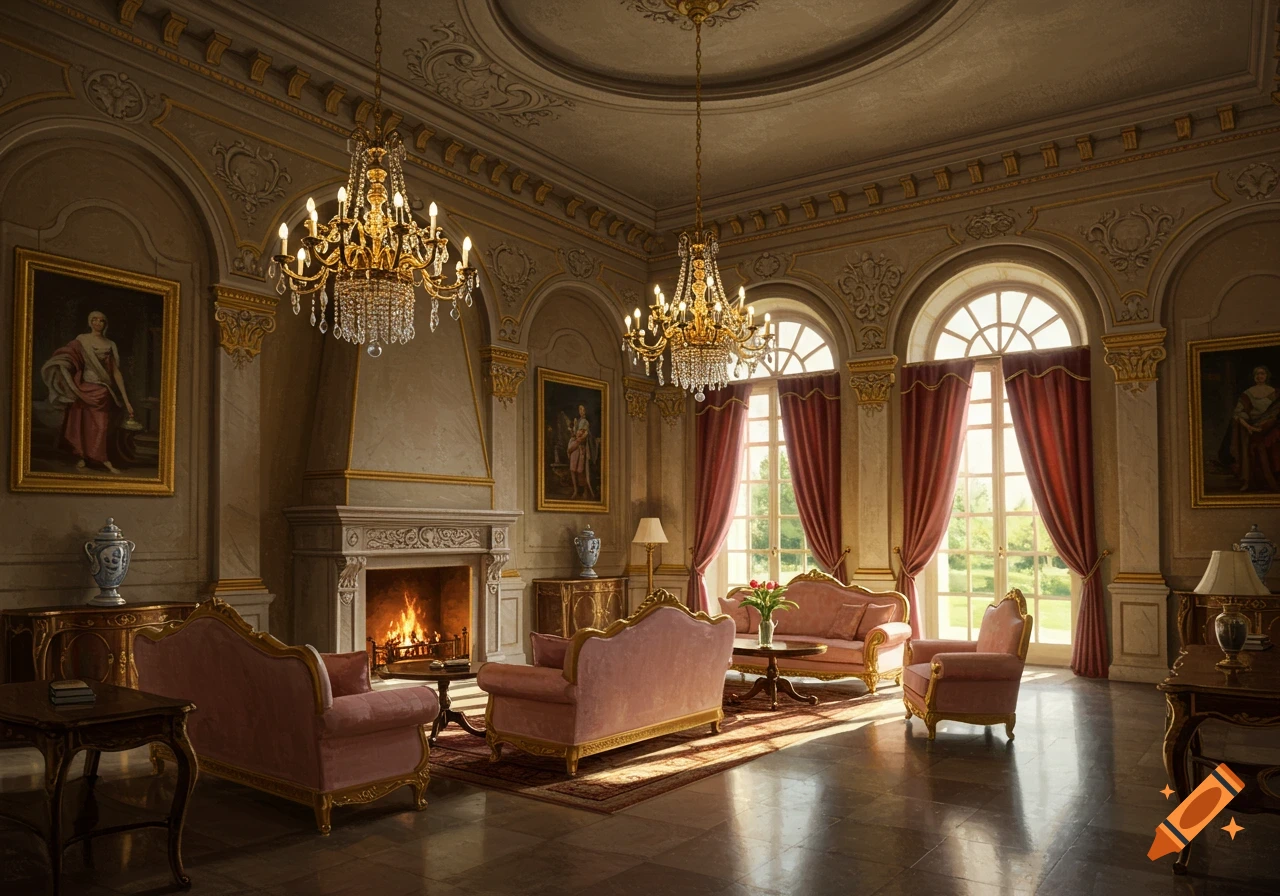 A grand, luxurious villa interior with ornate gold and grey walls, crystal chandeliers, a lit fireplace, and pink rococo furniture. Sunlight streams through large arched windows with red curtains.