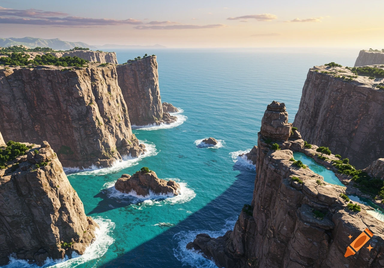 Dramatic cliffs rise from a turquoise ocean under a bright sky, with small trees dotting the clifftops.