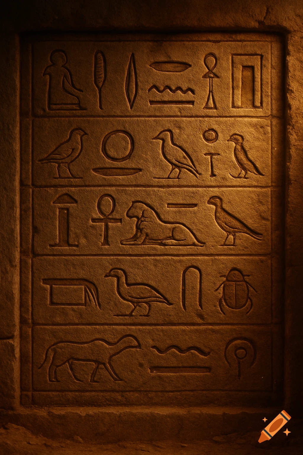 Close-up of ancient Egyptian hieroglyphics carved into a textured stone wall, illuminated by warm light.